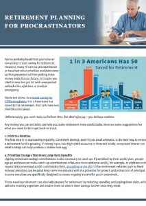 Brochure on retirement planning with statistics and suggestions. Elderly man in background.