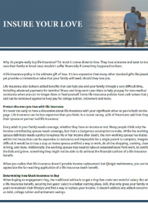 Advertisement for life insurance. Couple standing by the ocean, text about the benefits.
