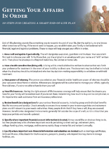 Informational document titled “Getting Your Affairs in Order,” outlining 10 steps for end-of-life planning.