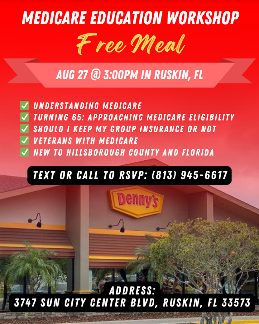 Medicare education workshop flyer at Denny's in Ruskin, FL on August 27th. Includes free meal, RSVP info.