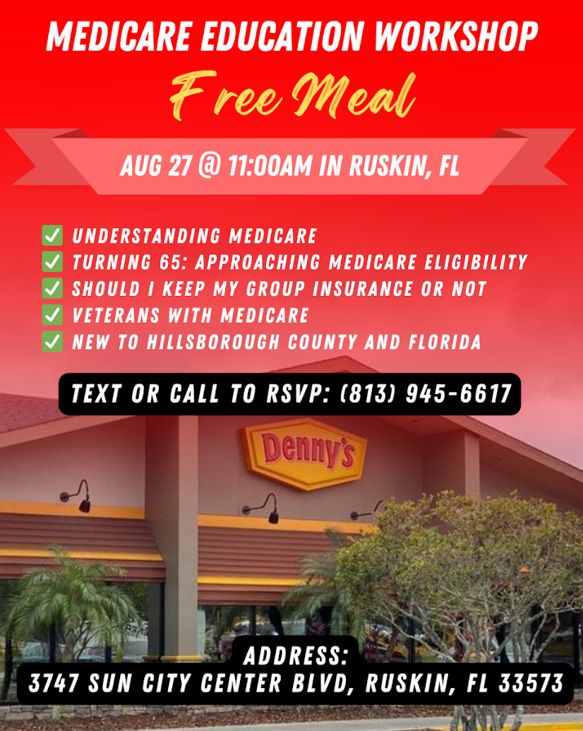 Flyer for a Medicare education workshop at a Denny's in Ruskin, FL on August 27th. Includes free meal.