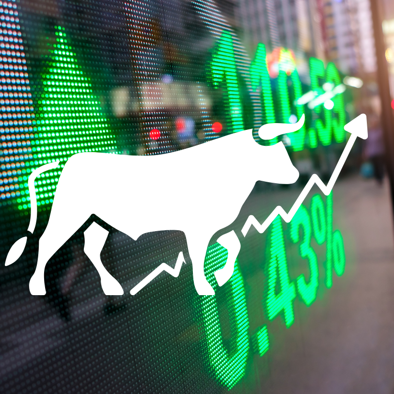 White bull symbol over a stock market display, with green numbers and upward trend.