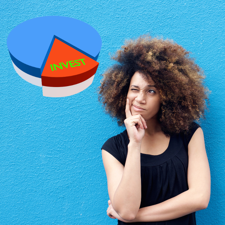 Woman pondering investment, with pie chart labeled