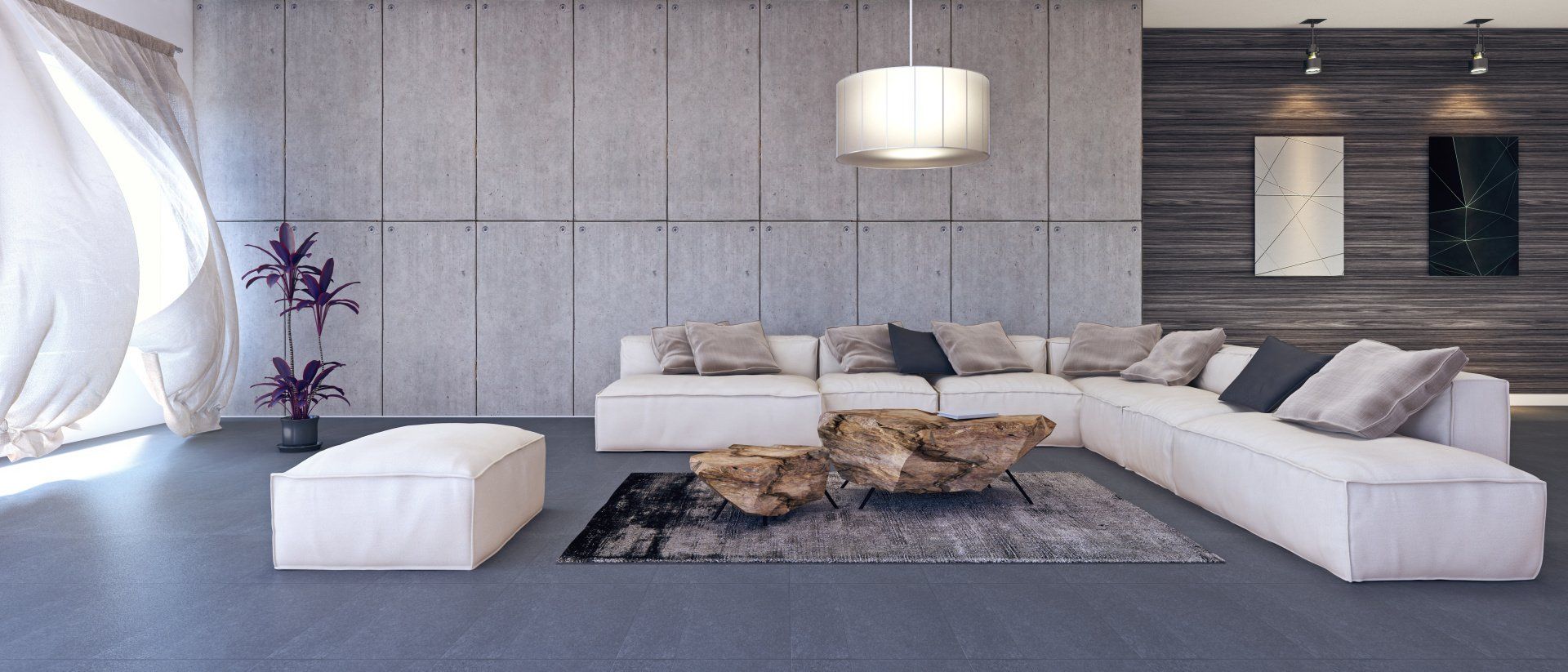 Modern living room with white sectional sofa, stone coffee table, and concrete wall.