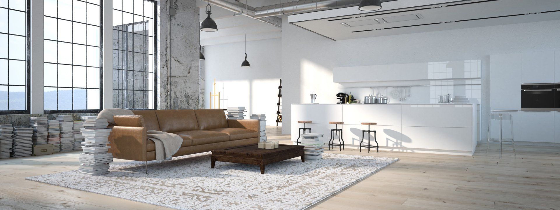 Spacious modern loft interior with leather sofa, white rug, and large windows.