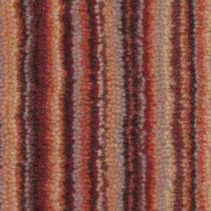 Striped carpet with alternating vertical bands of orange, red, and purple hues.