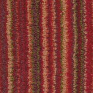 Red carpet with vertical stripes in shades of red, green, and tan.