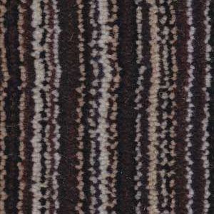 Close-up of a carpet with a vertical striped pattern in shades of brown, beige, and white.