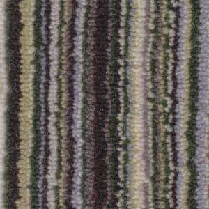 Multi-colored striped carpet pattern in greens, browns, and blues.