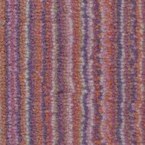 Striped carpet in shades of orange, purple, and pink.