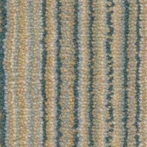 Close-up of carpet with vertical stripes in shades of blue and tan.