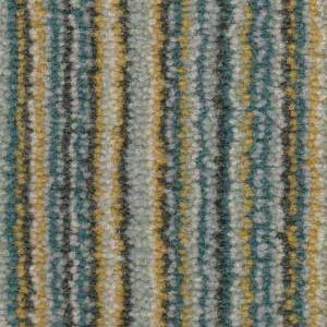 Carpet with vertical stripes in shades of teal, gold, and gray.