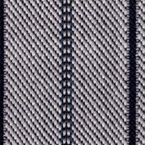 Close-up of a blue and white striped fabric with a herringbone weave.