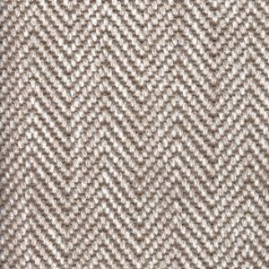 Close-up of a woven fabric with a light brown and beige herringbone pattern.