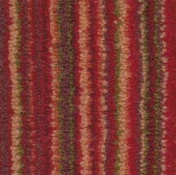 Striped red, green, and tan carpet.