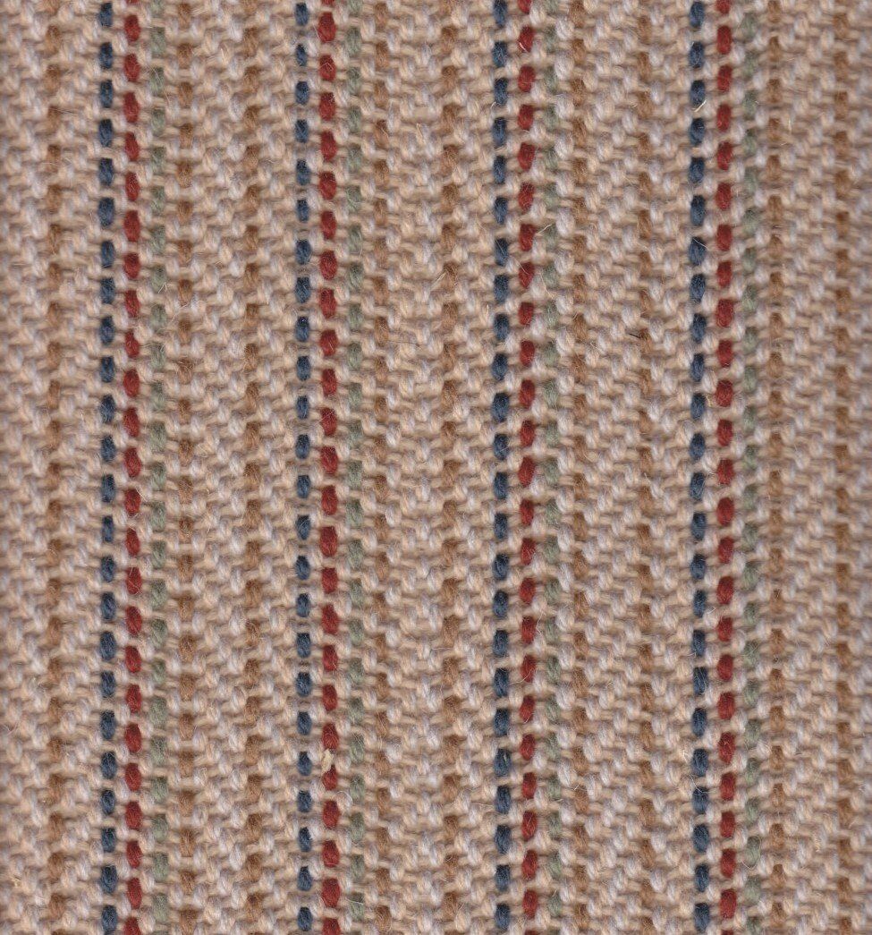 Textile with vertical stripes in tan, red, and blue.