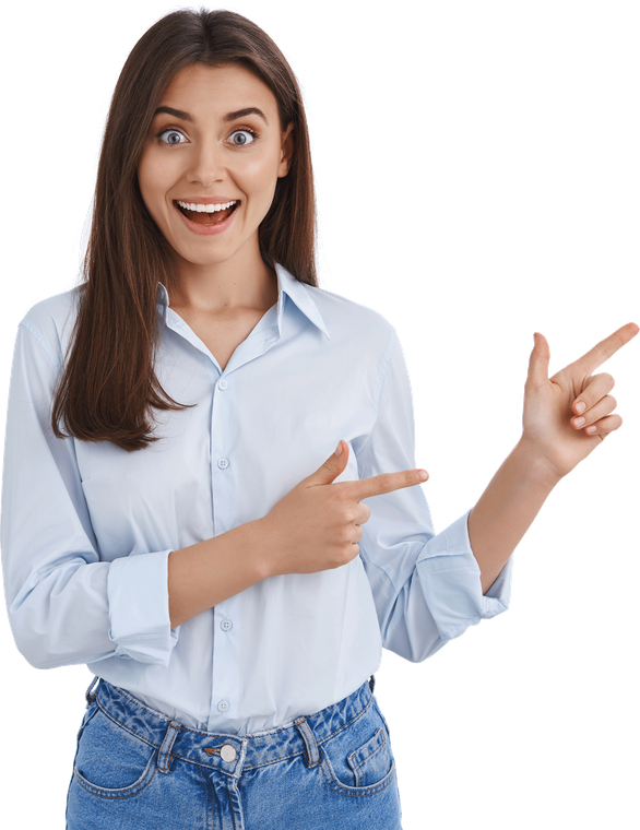 A beautiful woman pointing on her left side