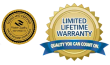 Two gold badges: one with “Water Quality NSF/ANSI 44” and one with “Limited Lifetime Warranty.”