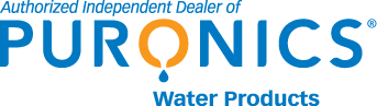 A blue and orange logo for puronics water products