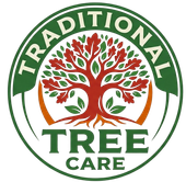 Traditional Tree Care logo with green text and a stylized red tree inside a circular emblem