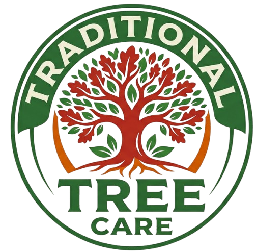 Traditional Tree Care logo with green text and a stylized red tree inside a circular emblem