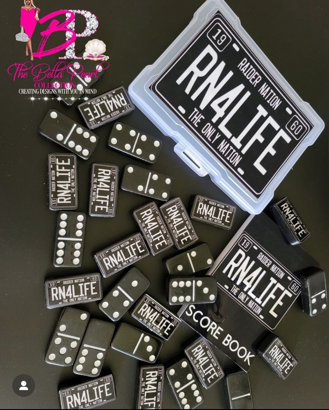 A box of custom playing dominoes with the word rnalife on it