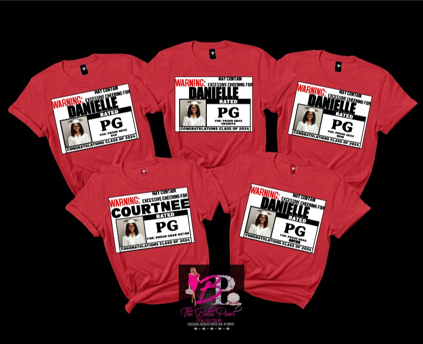 A group of red t-shirts with danielle courtney and danielle pg on them