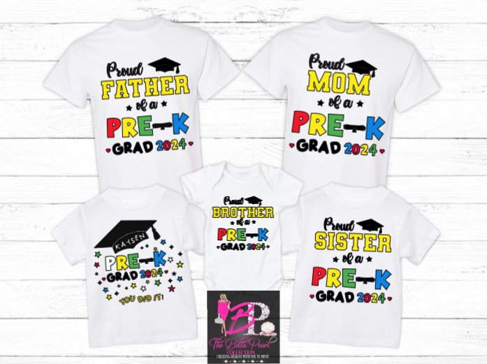 A family t-shirt that says proud father, mother, sister, etc. of a pre-k grad