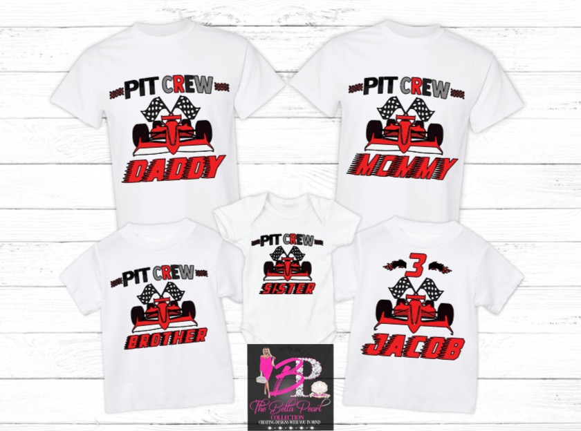 A family is wearing matching pit crew shirts