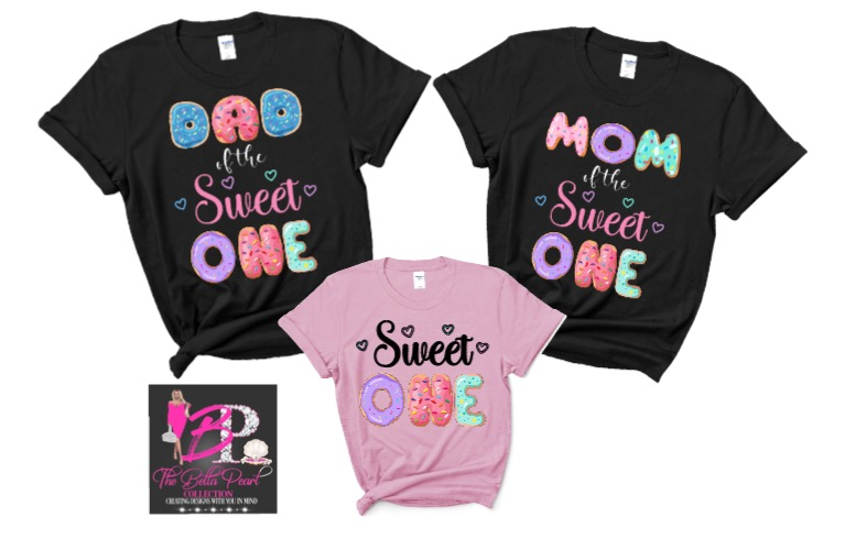 A set of three matching family group t-shirts for a first birthday.