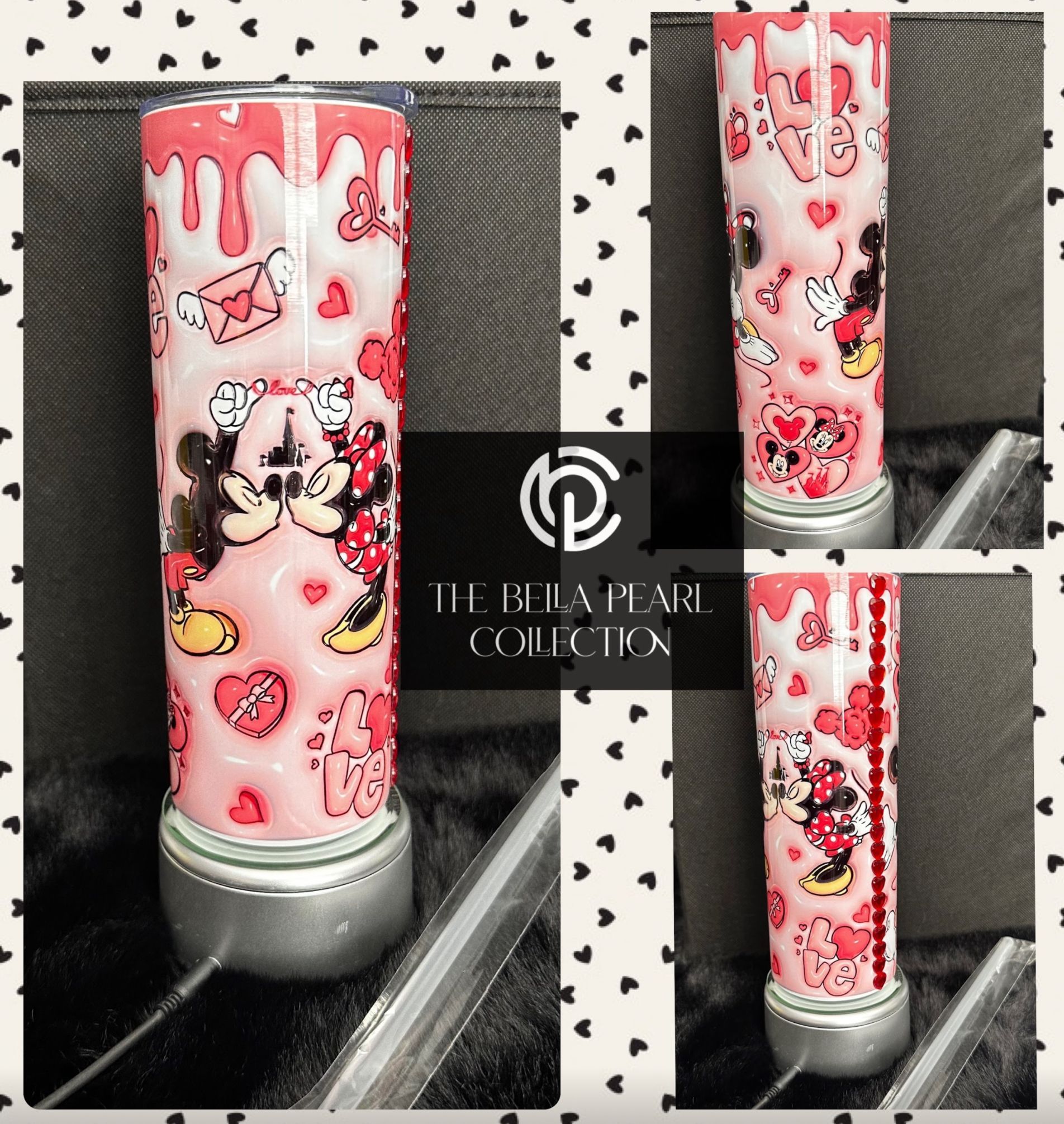 A pink tumbler with mickey mouse and minnie mouse on it for Valentine's Day