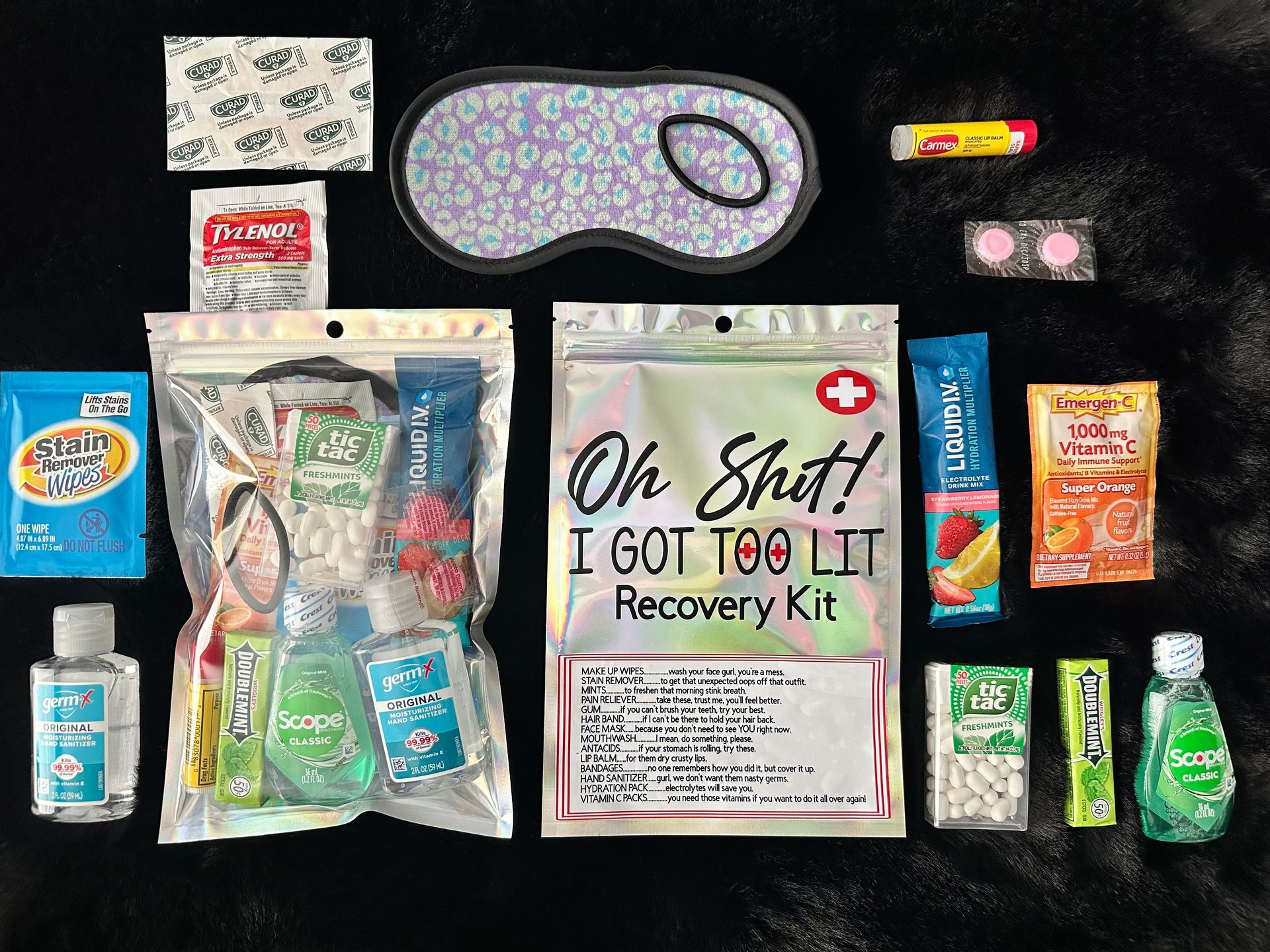 A recovery kit is sitting on top of a black surface.
