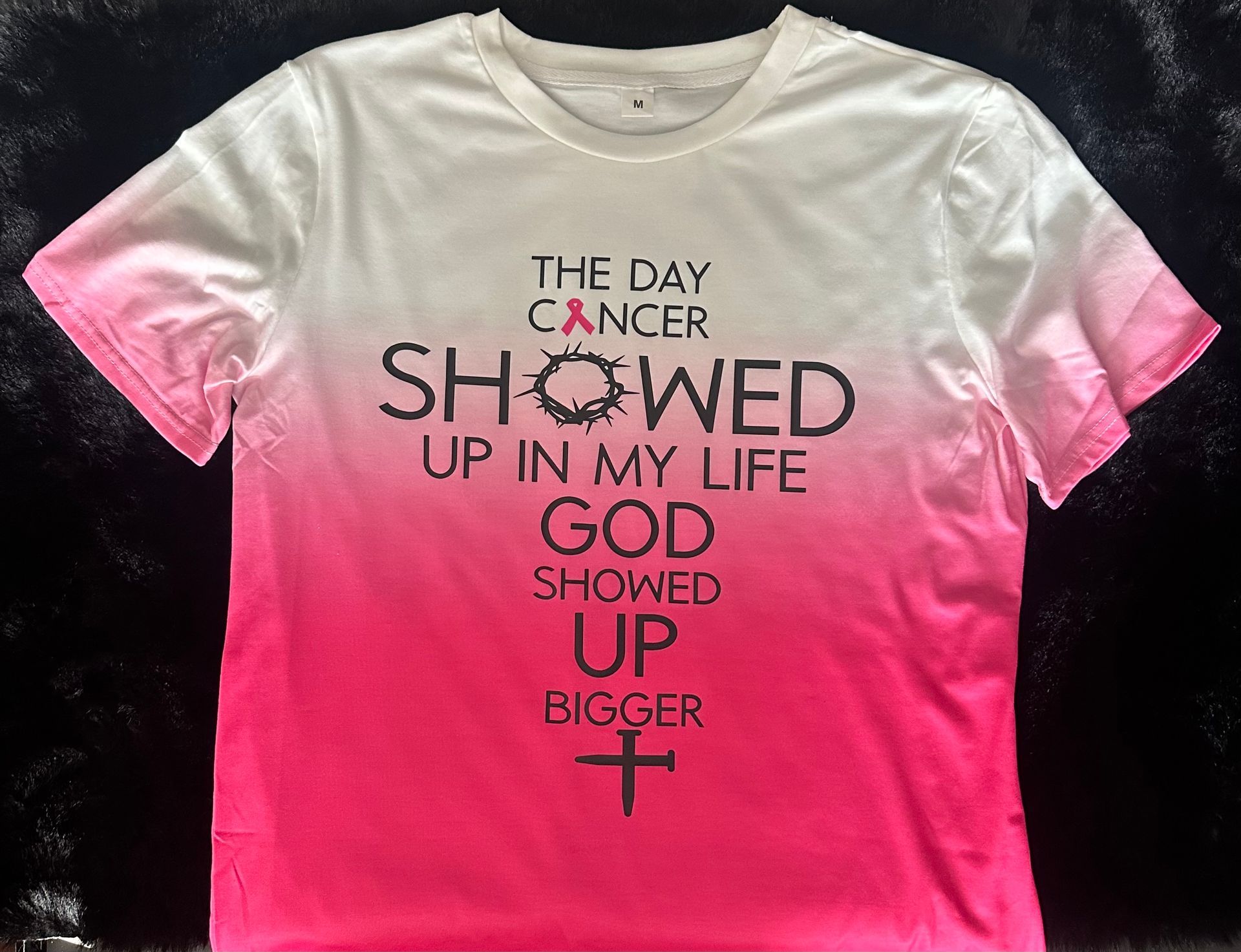 White and pink ombre t-shirt with the text: 