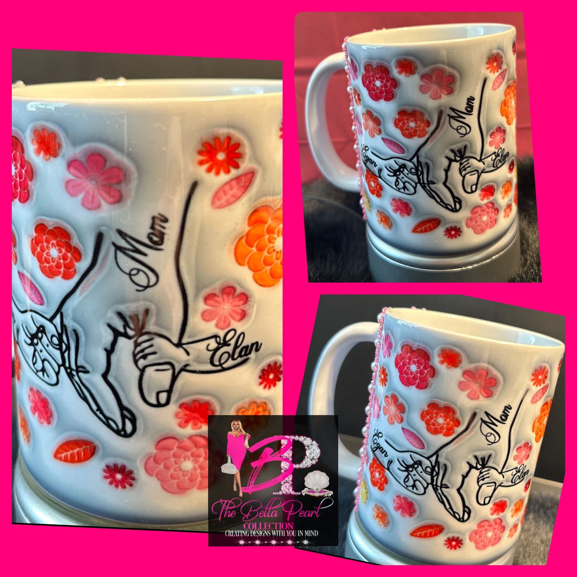 A coffee mug with children holding moms hand with children's names