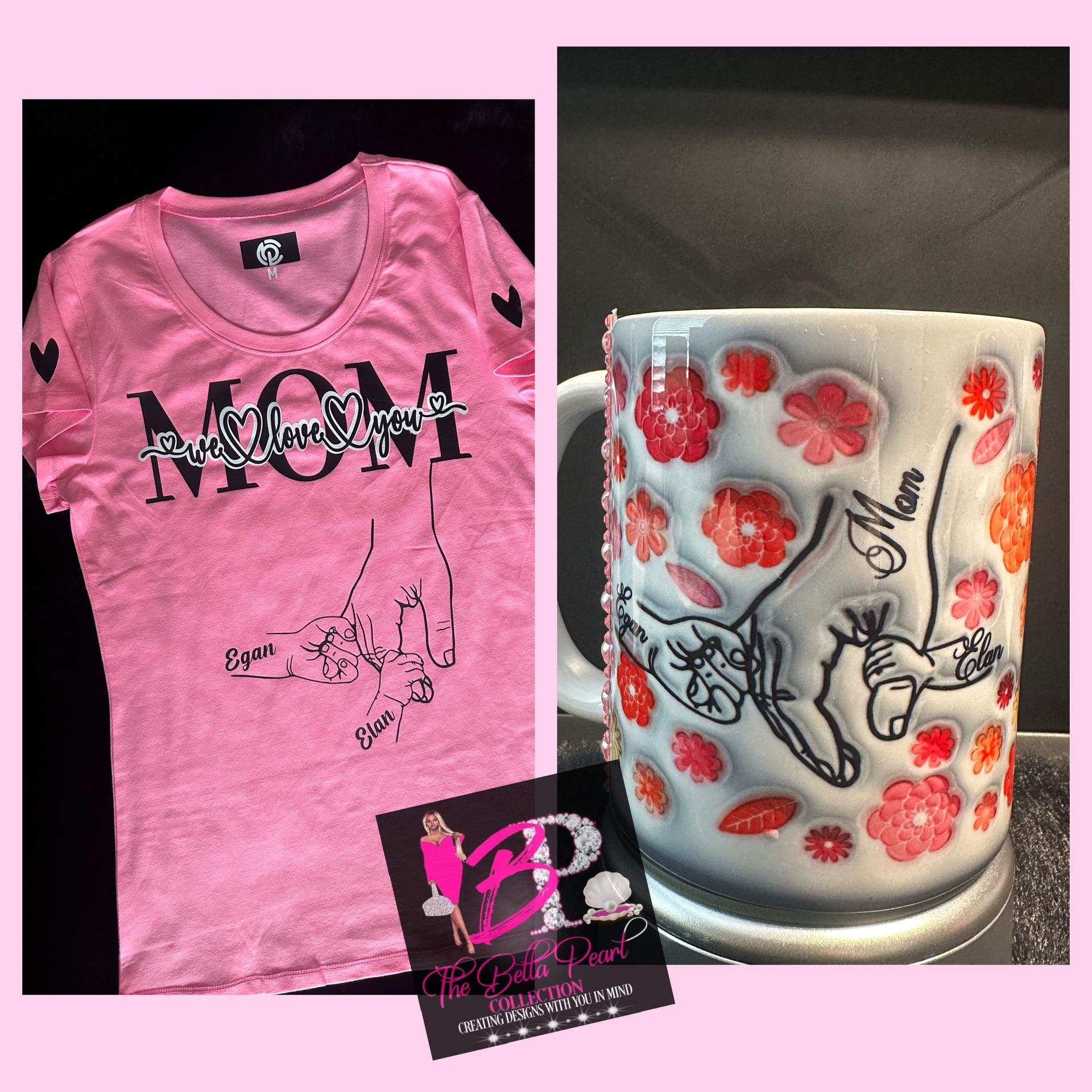 A pink t-shirt and coffee mug with the word mom on it