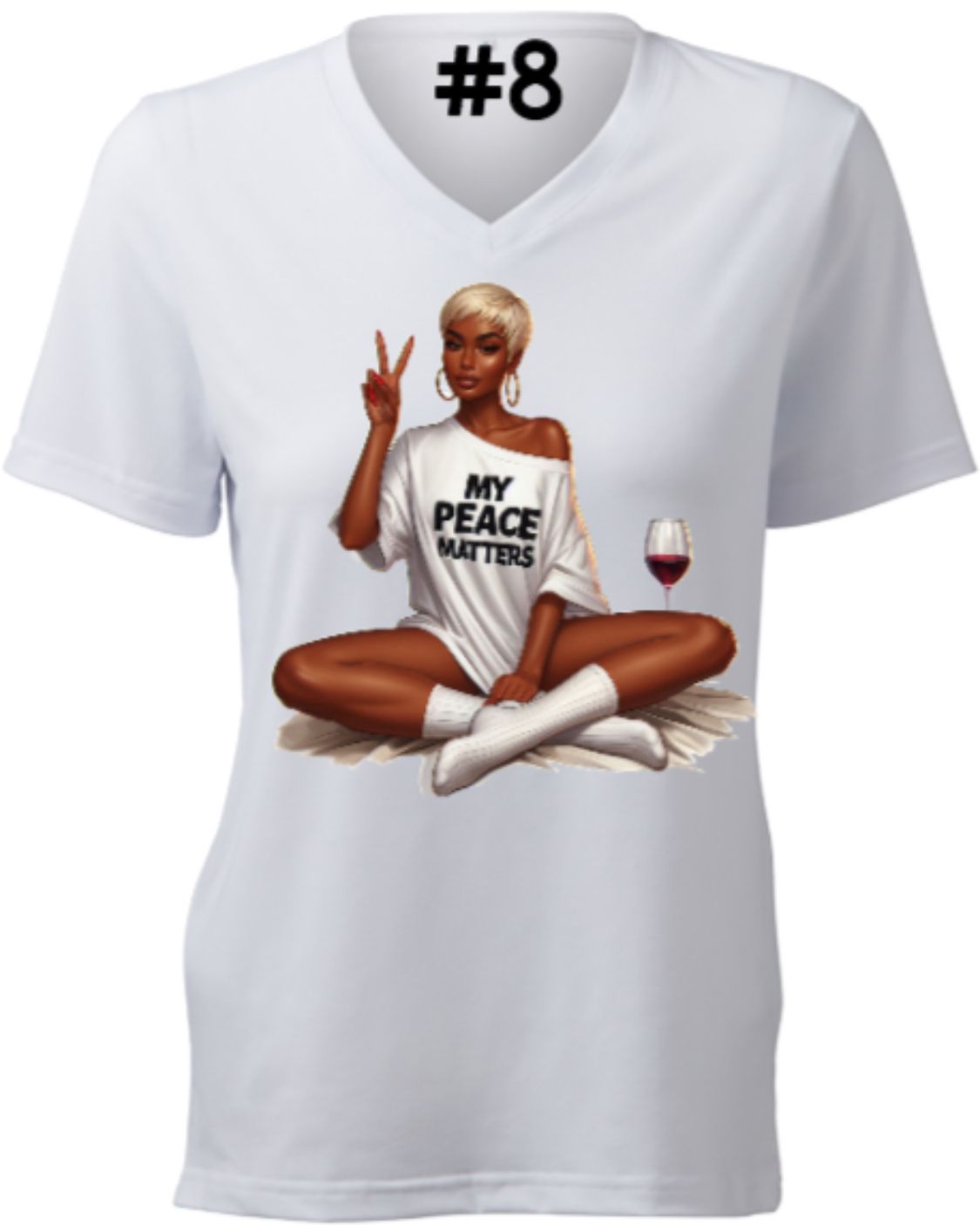 A white t-shirt with a lady sitting on a rug with my peace matters on her shirt