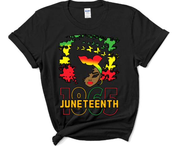 A black t-shirt with a picture of a woman and the words 