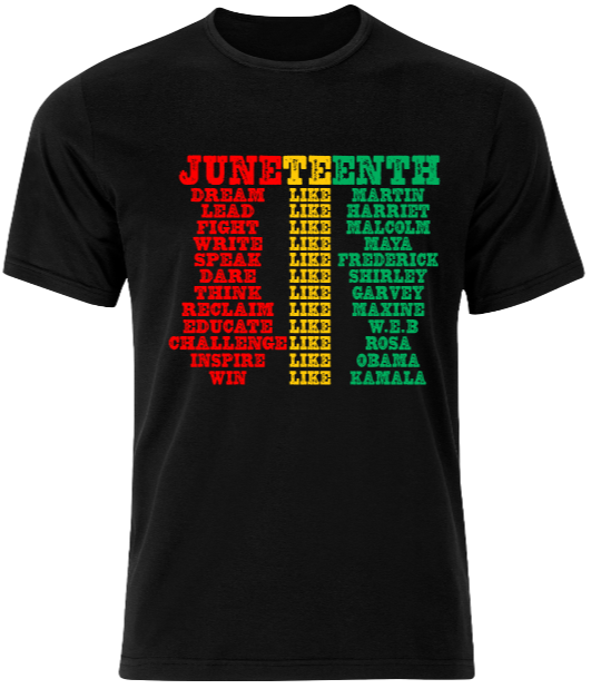 A black t-shirt that says juneteenth on it