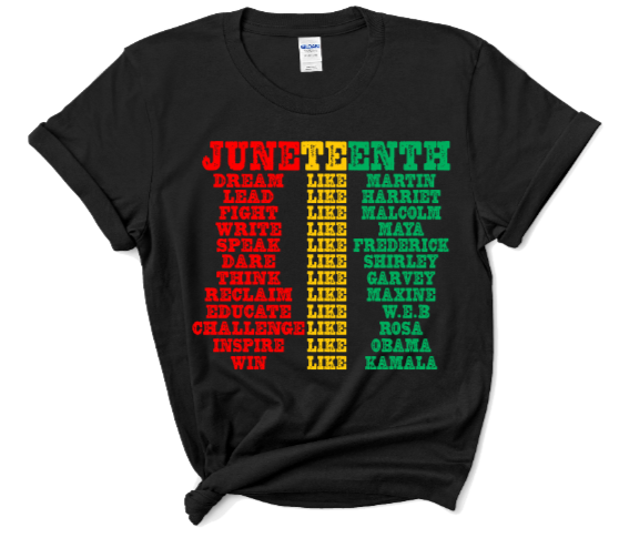 A black t-shirt that says juneteenth on it