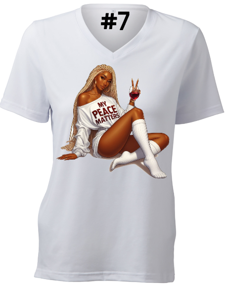 A white t-shirt with a lady sitting on a rug with my peace matters on her shirt