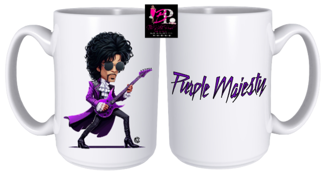 A coffee mug with prince playing a guitar on it
