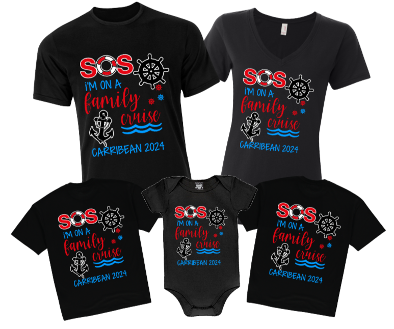 A group of black shirts that say 