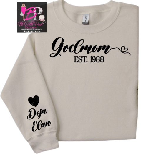 A sweatshirt that says godmom est 1988 on it
