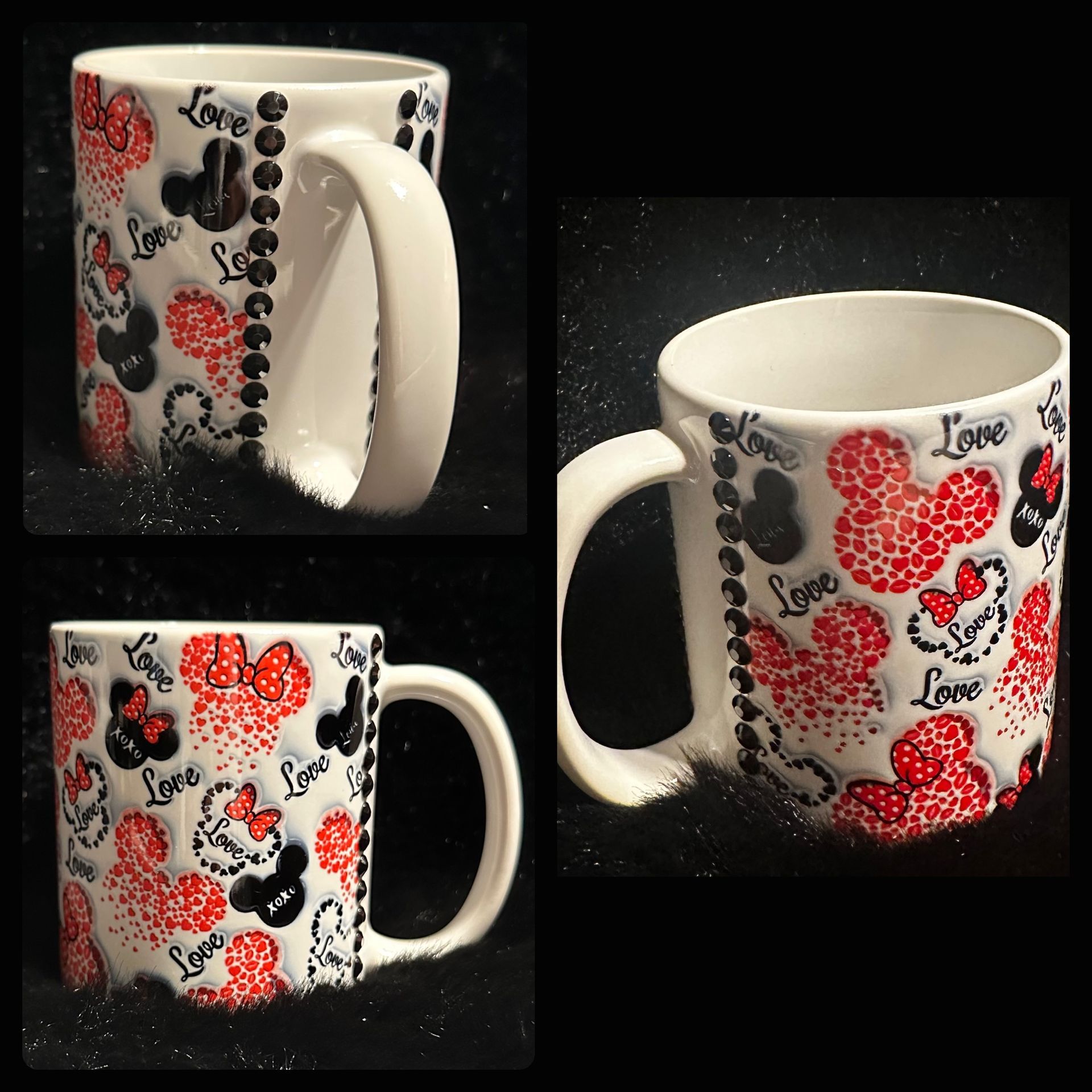 A mug with hearts and the word love on it