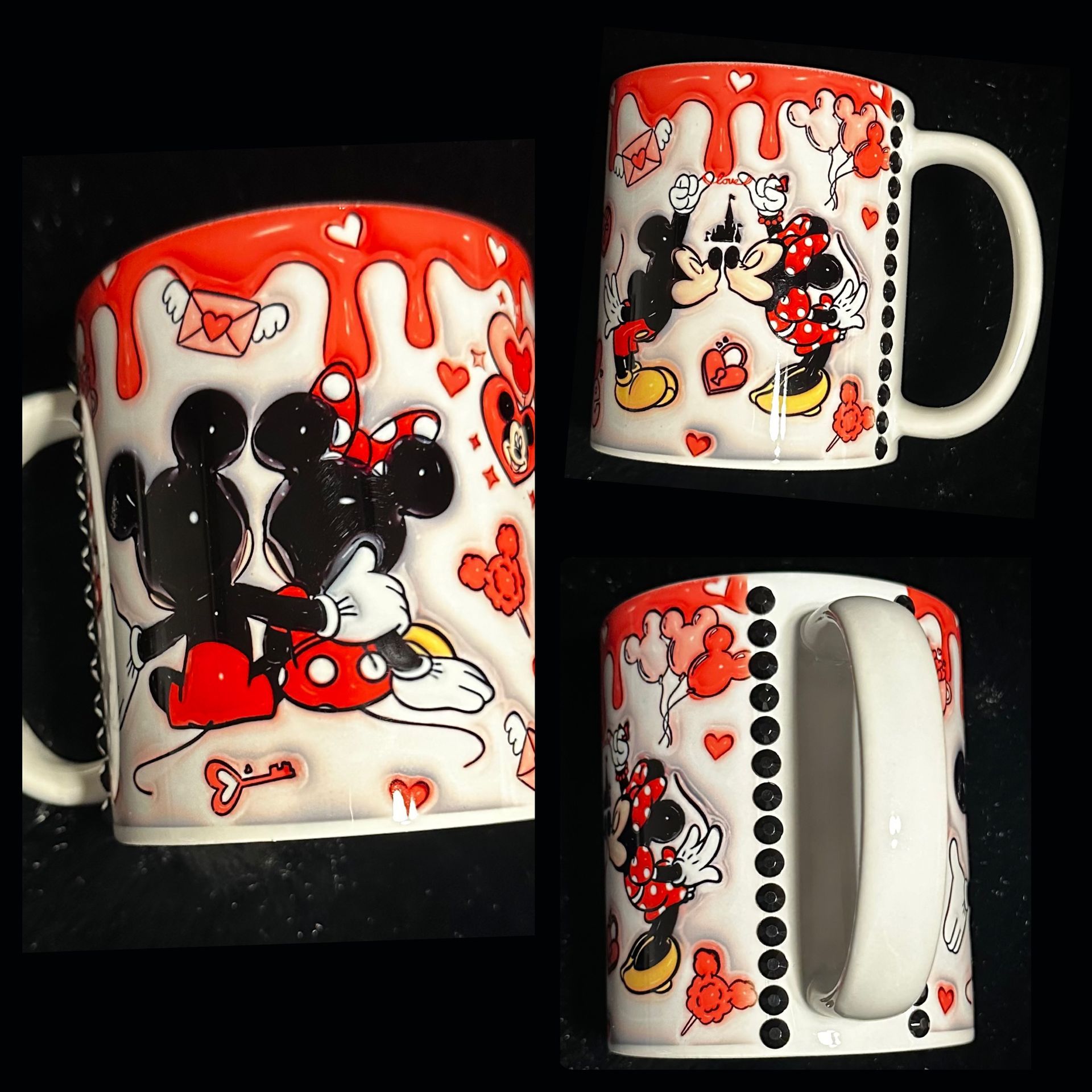 A mug with mickey mouse and minnie mouse on it