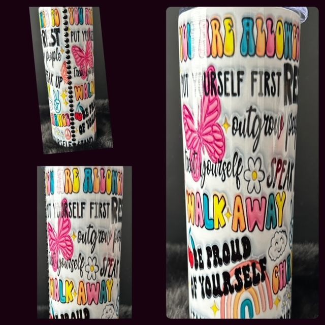 A tumbler that says 