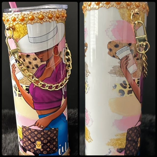 A tumbler with a picture of a woman with a purse on it