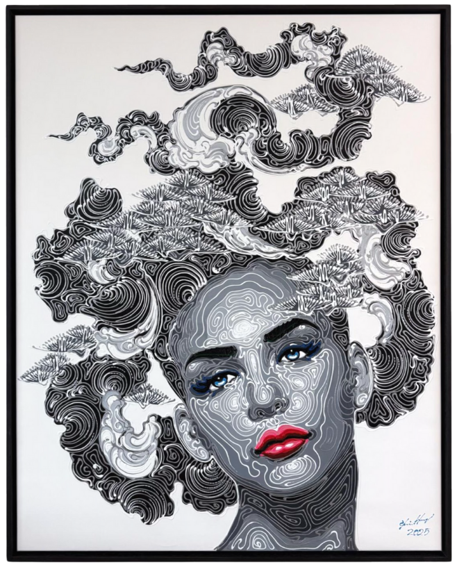 Vrouwenportret, gedetailleerde zwart-grijze lijntekening, rode lippen, blauwe ogen, wolkachtig, zwevend haar.