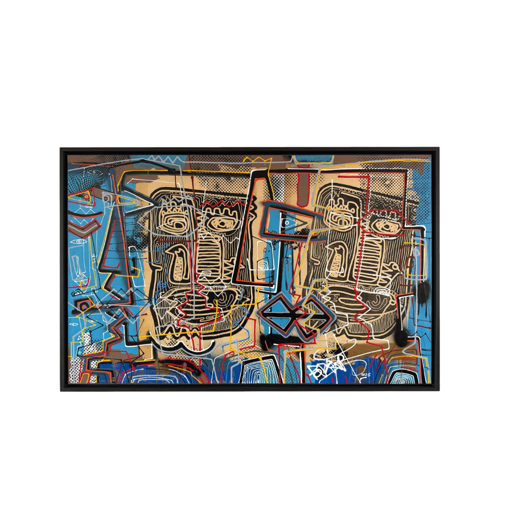 Abstract schilderij met blauwe achtergrond, zwarte en rode lijnen en figuren.