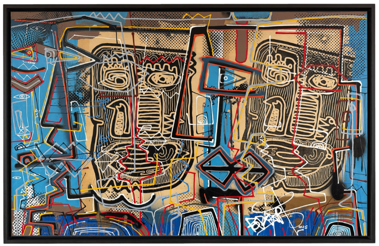 Abstracte kunst: gestileerde gezichten in blauw, beige en zwart met omlijnde gelaatstrekken en geometrische vormen.